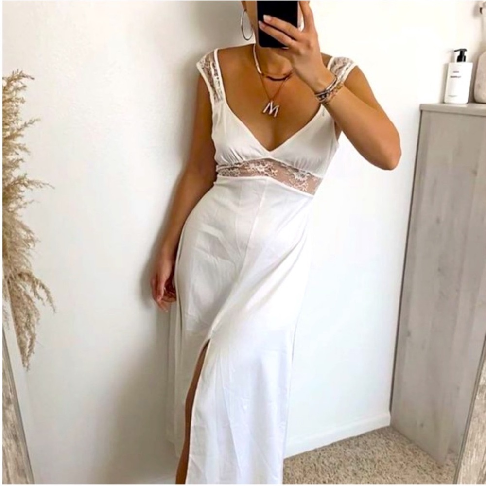 Danielle Bernstein White Ivory Lace Tie Midi Slip Dress